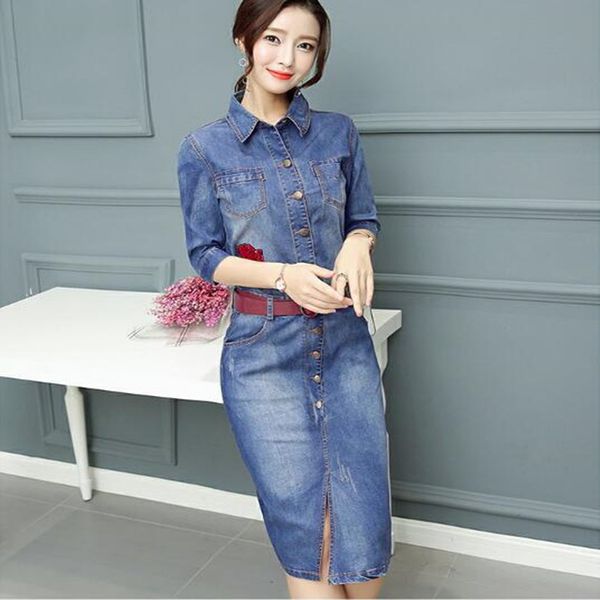 

robe women fashion a line dresses half sleeve slim denim shirt dresses ladies knee-length long jeans dress, Black;gray