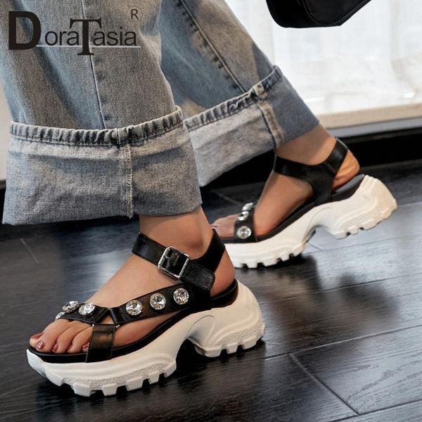 

doratasia lady summer sandals silver buckle sandals women open toe platform rhinestone chunky heel shoes woman, Black