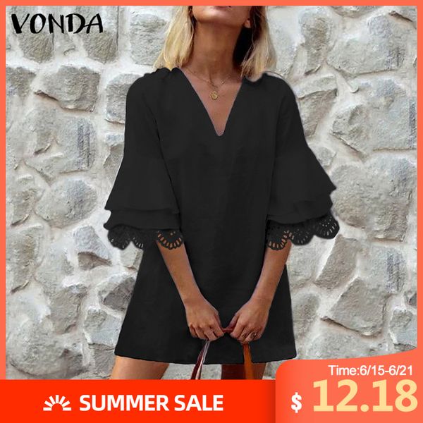

vonda office dress women hollow half fare sleeve ruffle party mini dress female summer sundress 2020 plus size v neck vestidos, Black;gray