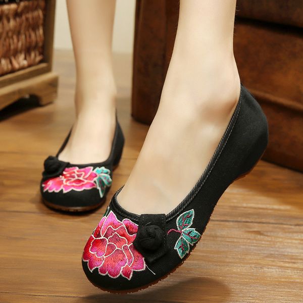 

black red chinese vintage embroidered slippers canvas shoes summer casual travel national cloth women's elegant flats sandals