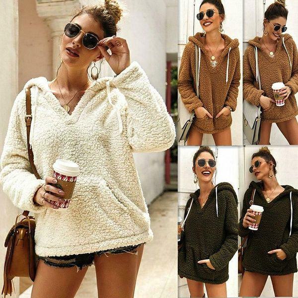 

women's fleece fur pullover jackets winter thick warm hoodie jacket outerwear winter warm soft fluffy coat, Black;brown