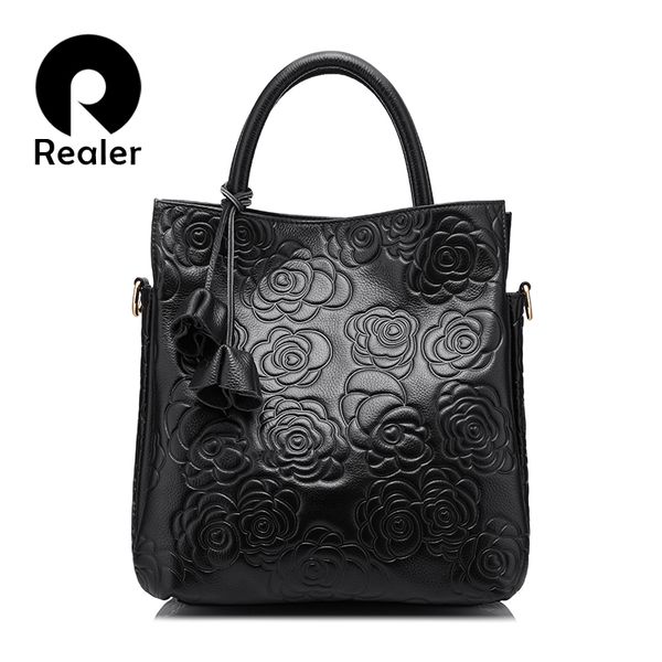 

realer brand genuine leather handbag female leather black tote bag floral embossed handbag ladies shoulder bag