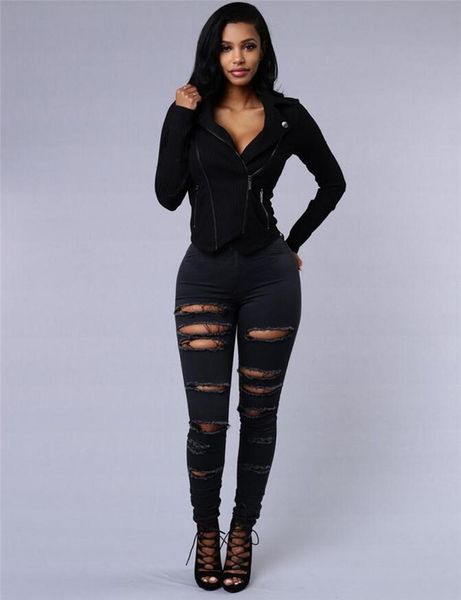 

fashion zipper fly women holes jeans summer high waist light skinny jeans ladies long denim pants, Blue
