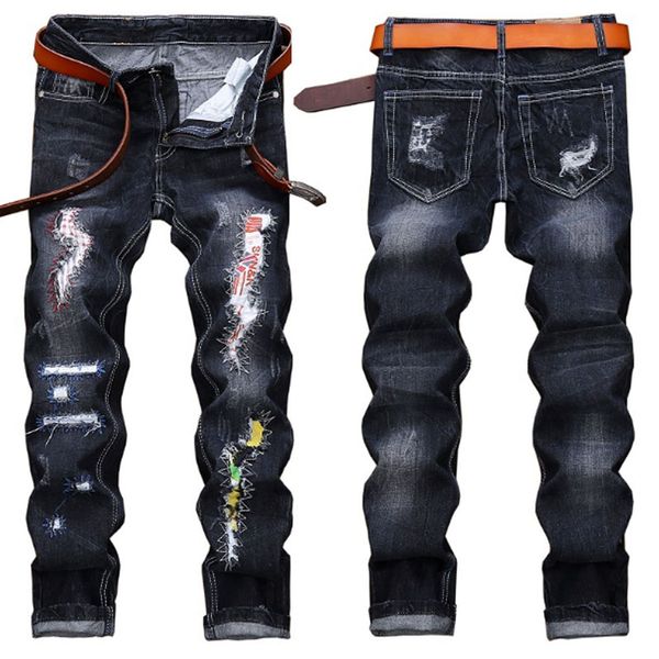 

new designer men's jeans mens distressed ripped skinny jeans classic washed slim moto biker causal mens denim pants hip hop men jeans 0, Blue