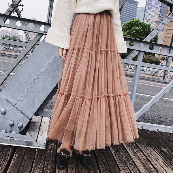 

женщины юбка осень элегантный черный сетка тюль плиссированные панелями длинные сладкие девушки пачка юбка макси розовый хаки высокая талия, Black