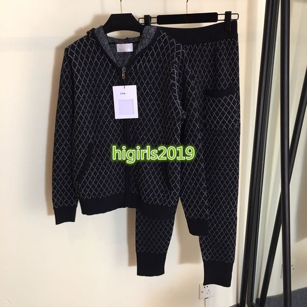 

high end women girls knitted activewear pants set hoodie jackets argyle long sleeves sweatshirt jogging legging trousers fashion tracksuit, White