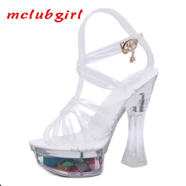 

mclubgirl 34 43 18 cm clear high heels crystal slope women's summer water anti-slip thick bottom high heels sandals lfd, Black