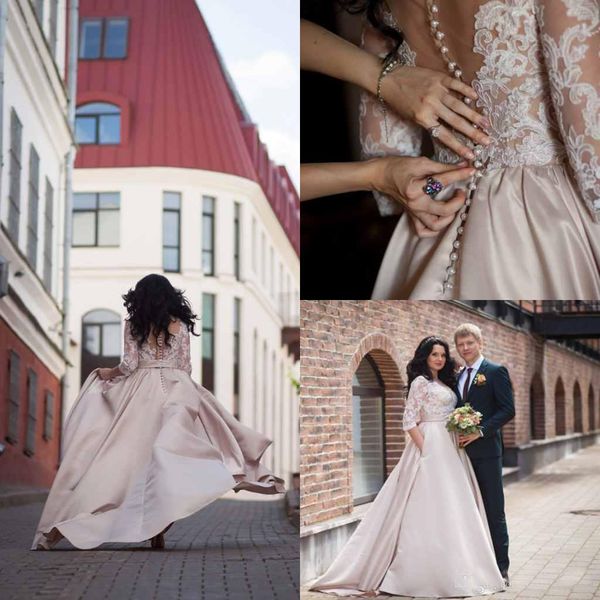 

Elegant Lace Jewel Neck Wedding Dresses With 3/4 Long Sleeve Back Cover Button Bridal Gowns Stain Dresses For Country Wedding Gowns