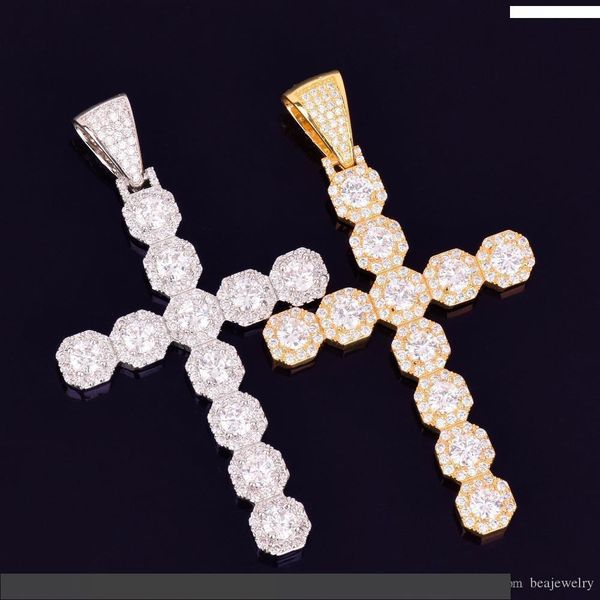

большой кубинский крест кулон ожерелье с цепочкой золото серебро кубический циркон мужчины женщины хип хоп рок ювелирные изделия, Silver