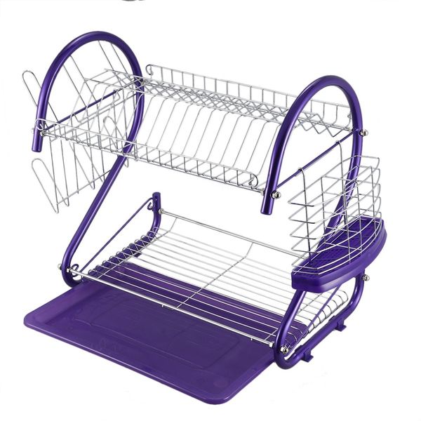 

iron 2 tiers kitchen dish cup drying rack drainer (color:purple