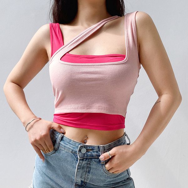 

summer vest hollow out sleeveless tank double color patchwork crop solid color tanks square collar fashion, White