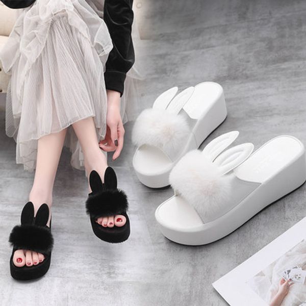 

2020 new wedge slippers spring and summer fashion wear-resistant ear muffin thick bottom korean version increase wild, Black