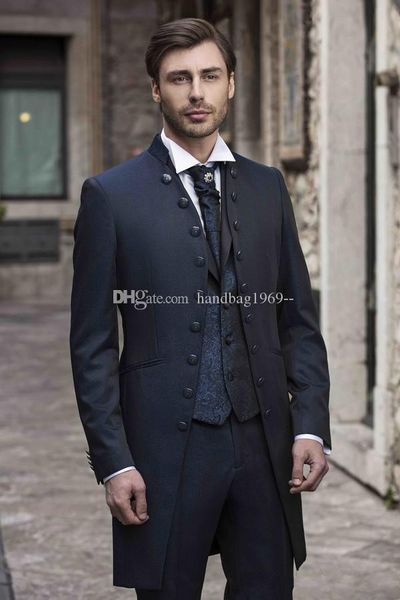 Yakışıklı Lacivert Uzun Ceket Damat smokin Standı Yaka Groomsmen Mens Düğün / Balo / Akşam Sağdıç Blazer (Ceket + Pantolon + Vest + Tie) K112