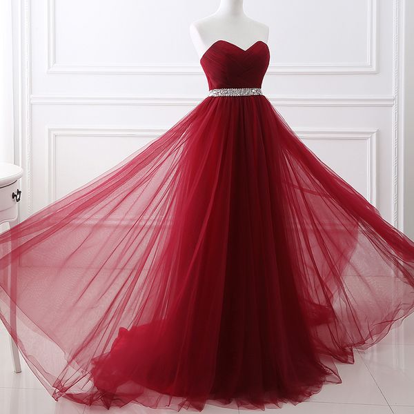 

wine red evening dresses sweep train pleats tulle with sparking sequins along waist long prom dresses backless party gowns real pictures, Black;red