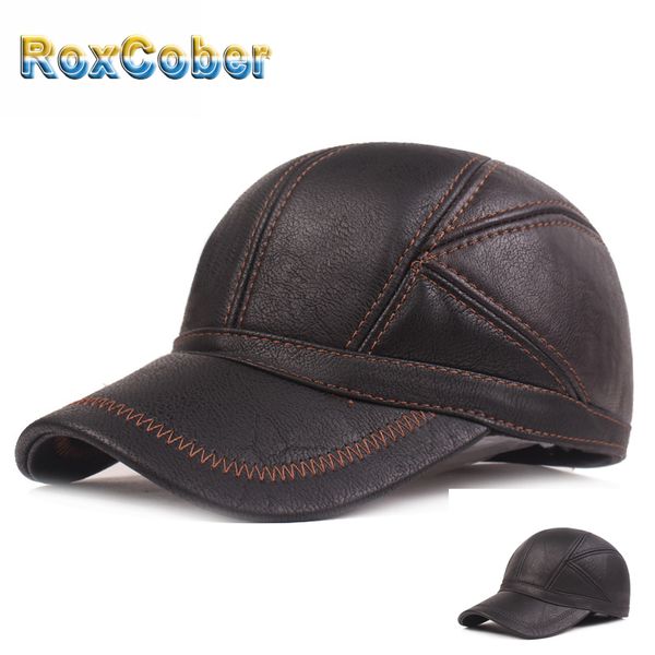 

roxcober pu leather baseball cap fall winter warm ear flaps snapback hats sport casual men women gorra, Blue;gray