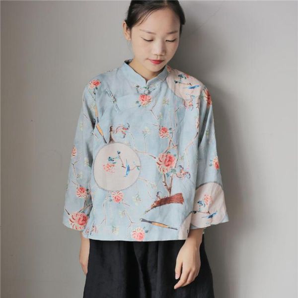 

johnature autumn retro nine quarter sleeve women shirt 2020 new fashion floral print all-match comfortable women shirts, White