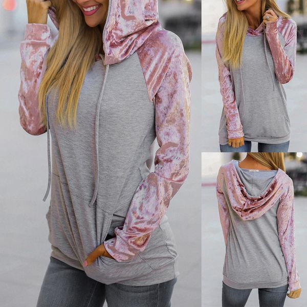 

2019 women fashion pullover autumn coat womens long sleeves splicing pocket easy hooded pullover easy sweatshirt, Black