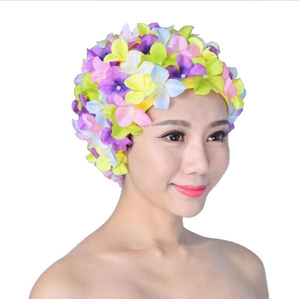 

colorful three-dimensional petal women swimming cap waterproof elastic ear protection swim cap hat cover for long hair adults