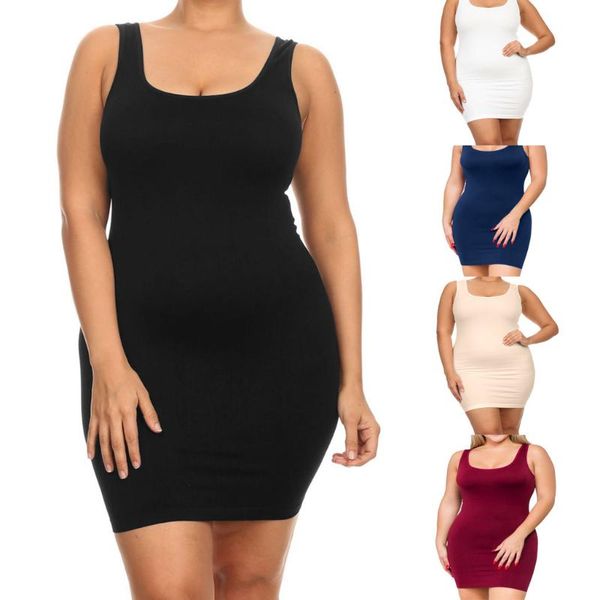 

plus size summer dress 2020 solid color o-neck women dress sleeveless vest slim mini bandage backless club dresses, Black;gray