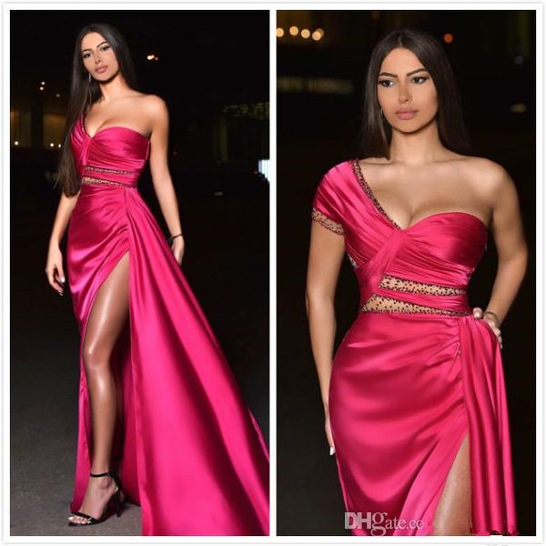 

arabic aso ebi beaded evening dresses one shoulder prom dresses high split formal party second reception gowns robes de soiree, Black;red