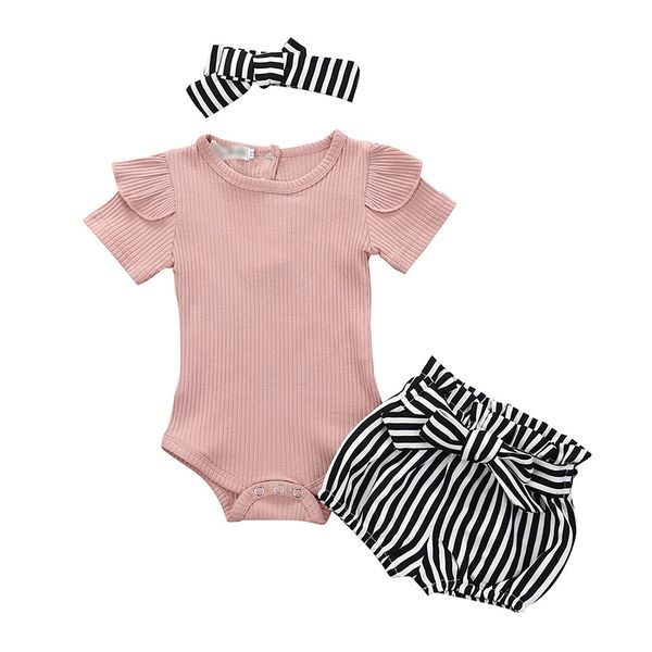 

2020 new arrivalsummer kids baby girls clothes love printed romper bodysuit+bow shorts+headband set fashion clothing, White