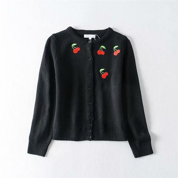 

vintage cherry embroidery woman knitting sweater cardigan round neck long sleeve fashion female autumn winter cardigans, White