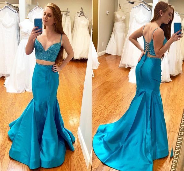 

modest two pieces bling sequin mermaid prom evening dresses blue with spaghetti strap satin open back long party pageant dress formal gown, Black