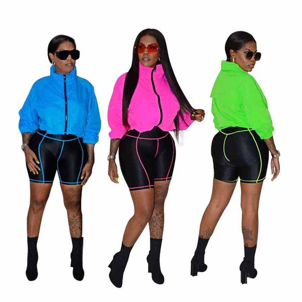 

women suit womens sports suits contrast stitching sportswear girls designer two-pieces solid color sets long sleeve +shorts, Gray