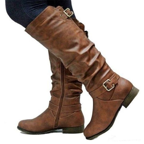 

women pu leather knee high boots fashion classic buckle square heel boots ladies autumn winter shoes basic long, Black