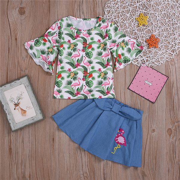 

summer girl kids clothes set flare sleeve flamingo printed t-shirt +denim skirt 2 pieces sets kids designer clothes girls jy556, White