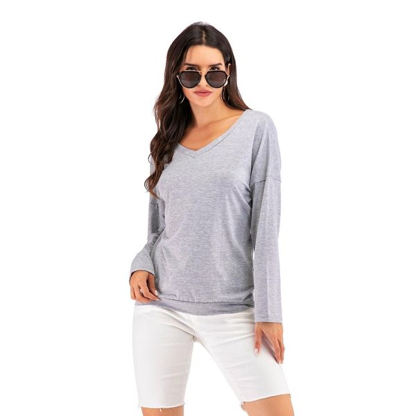 

2019 full sleeve solid v-neck cross backless blouse shirt gray 6188, White