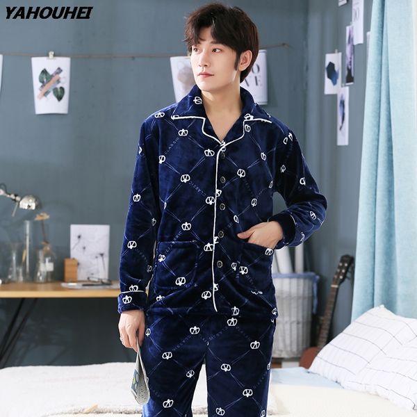 

plus size 5xl thick warm flannel pajamas sets for men 2018 winter long sleeve print coral velvet pyjama lounge homewear clothing, Black;brown