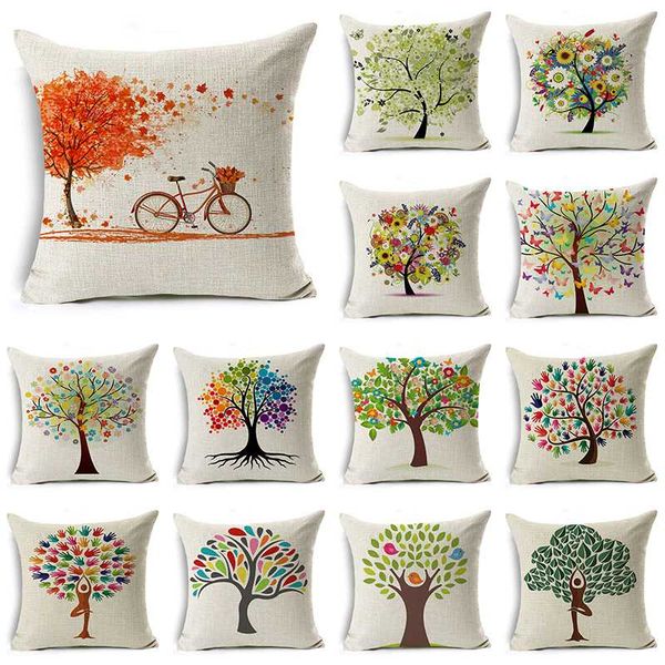 

wzh colorful painting tree cushion cover 45x45cm linen decorative pillow cover sofa bed pillow case