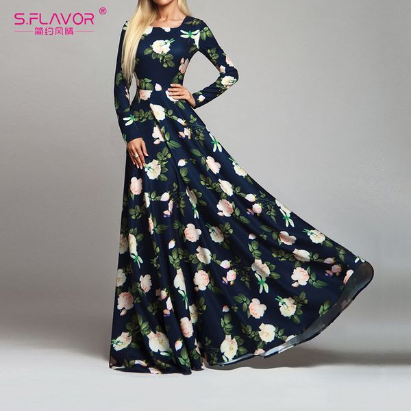 

fashion-elegant women robe long sleeve printed dress fashion spring summer boho dress slim long party vestidos, Black;gray