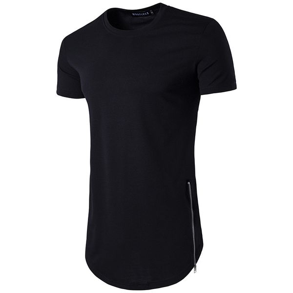 

men casual t-shirt curve hem side with zipper short sleeve streetwear men long line hip pop style fashion men, White