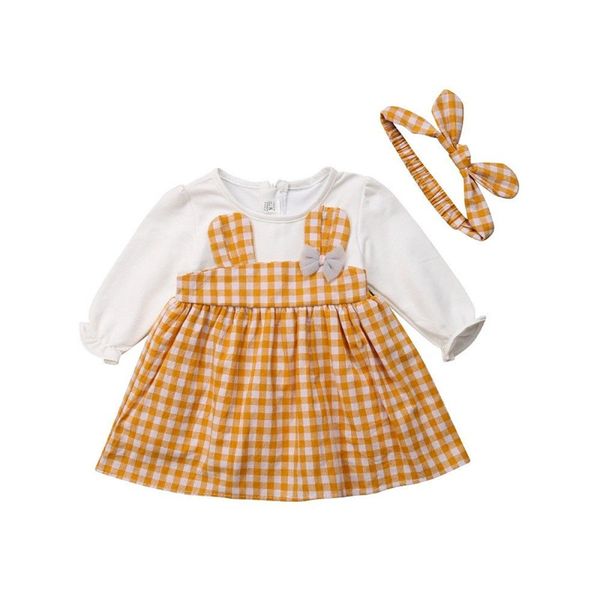 

ear 0-24months baby girls dress long sleeve with bow headband plaid two pieces dresses kids infant loose vestidos clothes, Red;yellow