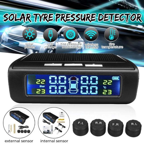 

tpms car tire pressure solar power usb monitoring system lcd display 4 external sensors temperature warning external/internal