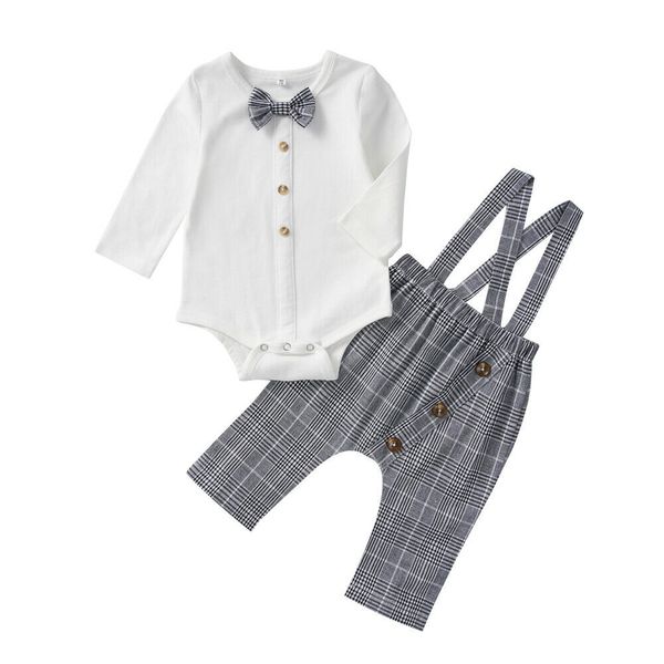 

2019 осень унисекс новорожденный baby girl boy 2pcs / set tie romper tops + мода плед биб брюки брюки хлопок нижнее одежда, White