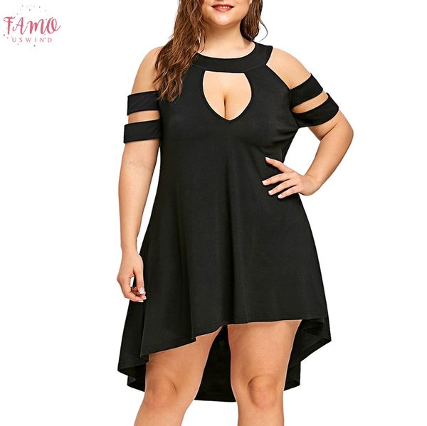 

dress women solid plus size o neck cold shoulder strapless hollow out dress plus size summer 5xl women summer dress 2020, Black;gray