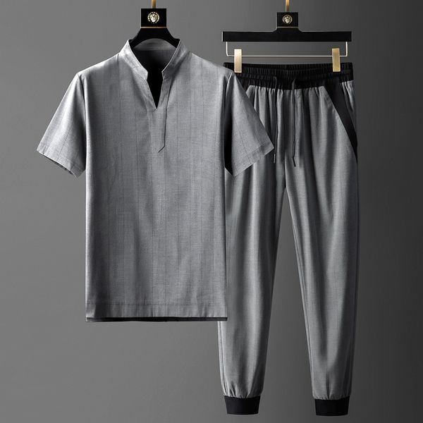 

minglu стенд воротник мужские наборы (т-shrit + брюки) люкс с коротким рукавом нашивки тонкий мужской набор мода slim fit упругие талии брюк, Gray