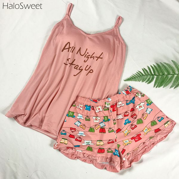 

halosweet summer cotton sleepwear women pajamas female home clothes for women shorts suits clothes kawai two piece sling shorts, Black;red