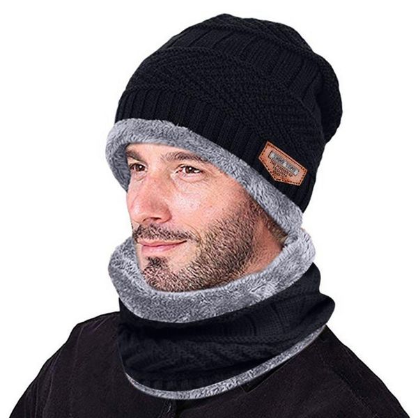 

winter knitted hat scarf set for men warm thicken fleece beanie hat scarf set solid knit windproof outdoor ski cap ring