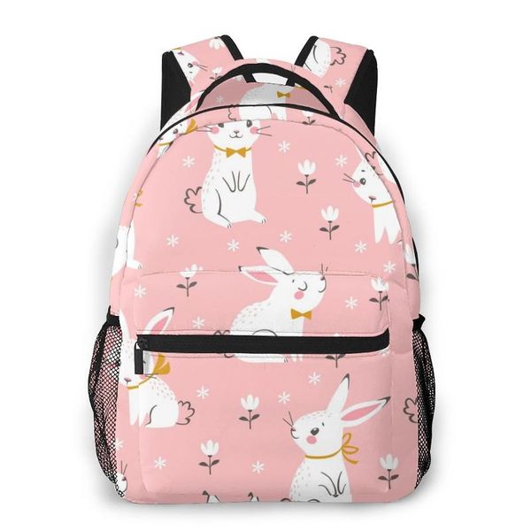 

2020 oln backpack women shoulder bag cute white bunnies on pink floral fashion school bag for teenage girl backpacks travel