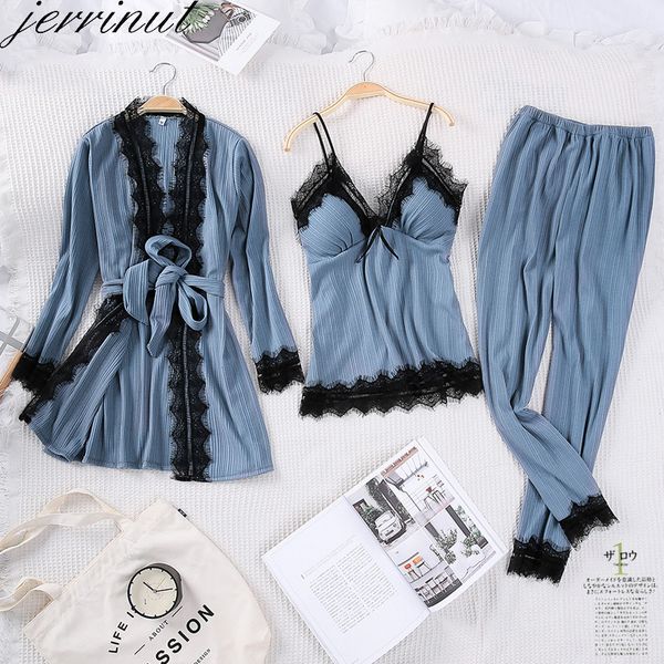 

jerrinut 3pcs cotton nightdress for women pyjamas set sleepwear winter home wear home clothing with chest pads nightgown pajama, Blue;gray
