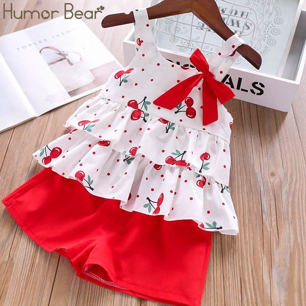 

humor bear baby girl clothes suit summer cute new fashion sling fruit t-shirt+pocket pants two-piece suit children's clothes set, White