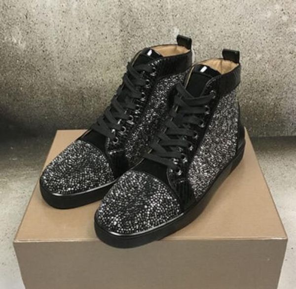 

with box 2019 fashion luxury designer men women rhinestone high shoes famous designer brand red bottom sneakers mens shoes with box, Black