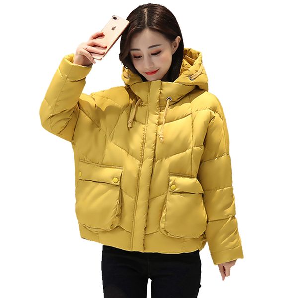 

2018 new fashion winter jacket women yellow hooded short with two pockets womens outwear coat oversized female winter jackets, Black;brown