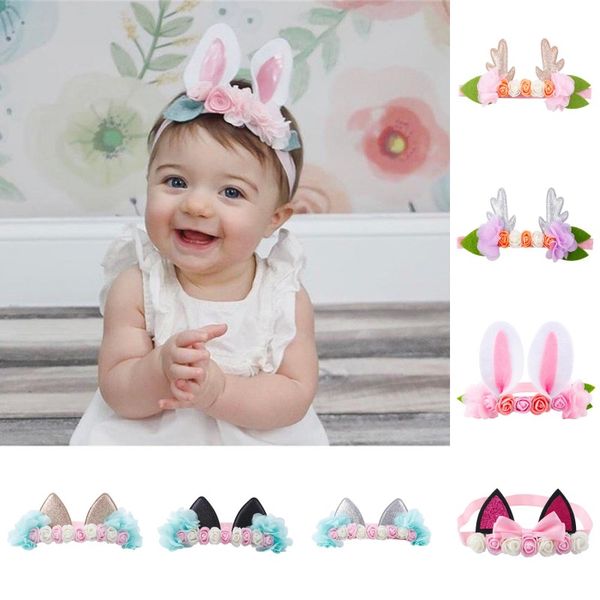 

christmas cute elk rabbit cat ear baby hair band kids boys girls chiffon flower headband hair accessories, Slivery;white