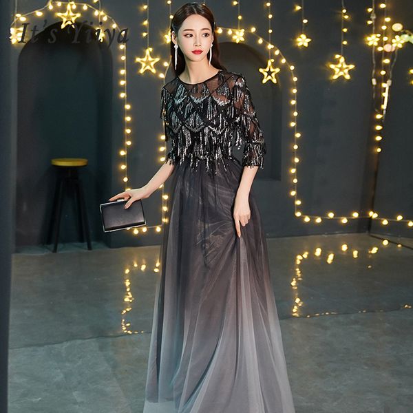 

prom dresses black sequins long plus size o-nck dresses women party night three-quarter sleeve vestidos de gala 2019 e561, White;black