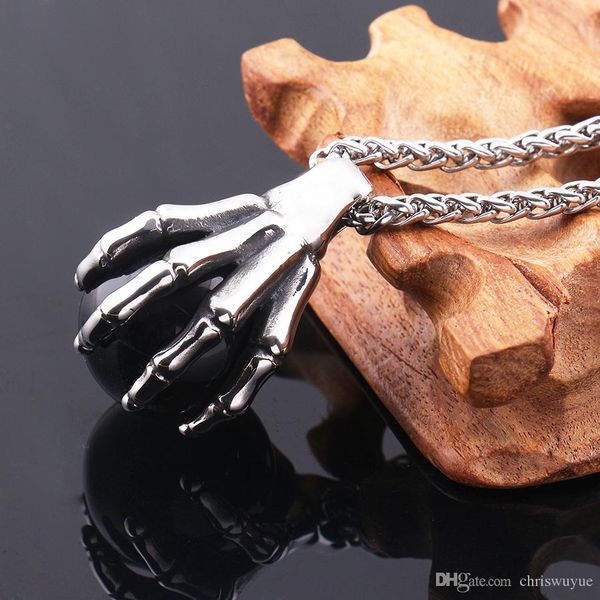 

black pendants for men men's jewelry pendant gothic biker tribal stainless steel dragon claw bead necklace 55cm chain, Silver